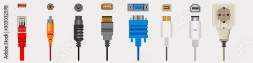 Connection cables and connectors, wiring and audio or video adapters, plugs isolated icons vector. Ethernet network port, HDMI and DVI or RCA. Electric appliance and technology devices linking
