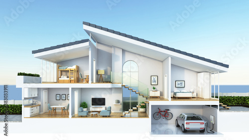 Modern home cross section, 3d rendering