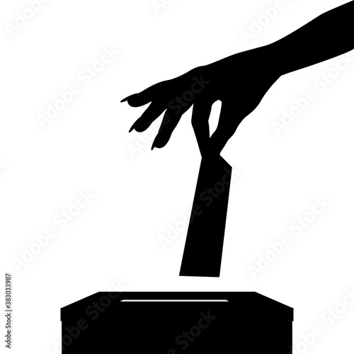 Silhouette of voter woman putting ballot into voting box on white background