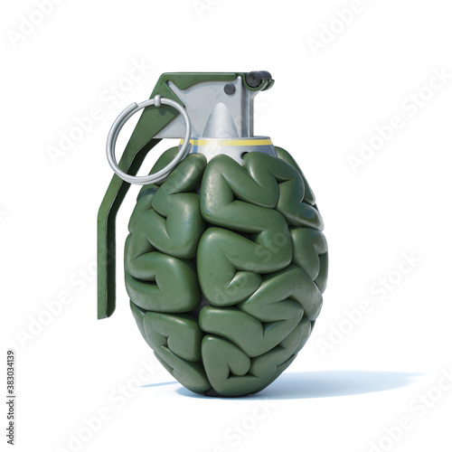 Hand grenade in the shape of human brain, brain storming concept, mental health concept, 3d rendering