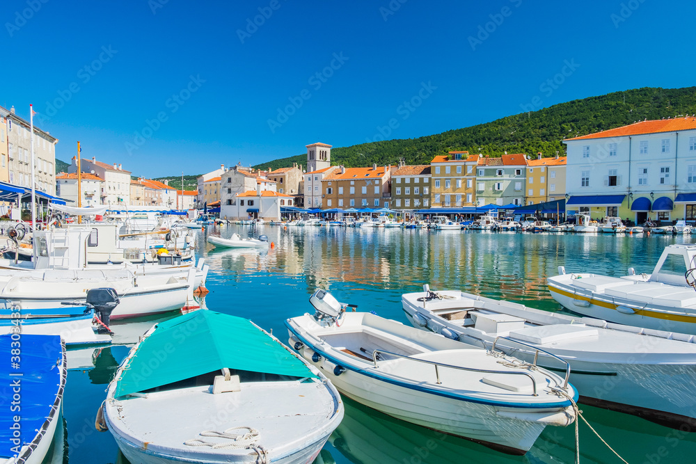 Seafront and marina with boats in the town of Cres, Island of Cres, Kvarner, Croatia