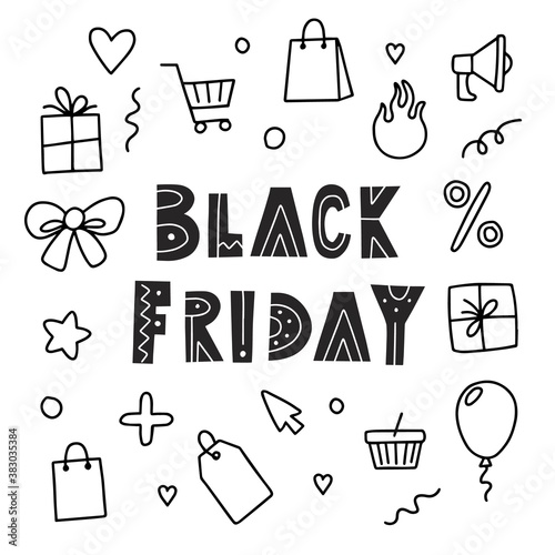 Black friday banner template with doodle elements, vector illustration