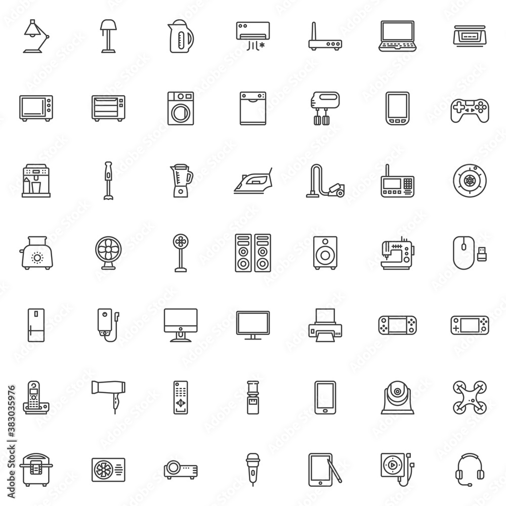 Electronic devices line icons set. linear style symbols collection, outline signs pack. Household equipment vector graphics. Set includes icons as kitchen appliances, electric mixer, coffee machine
