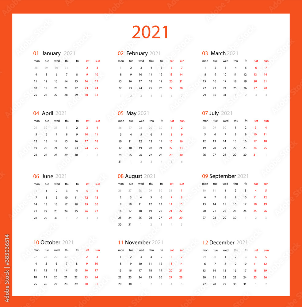 2021 calendar planner set for template corporate design week start on Monday.
