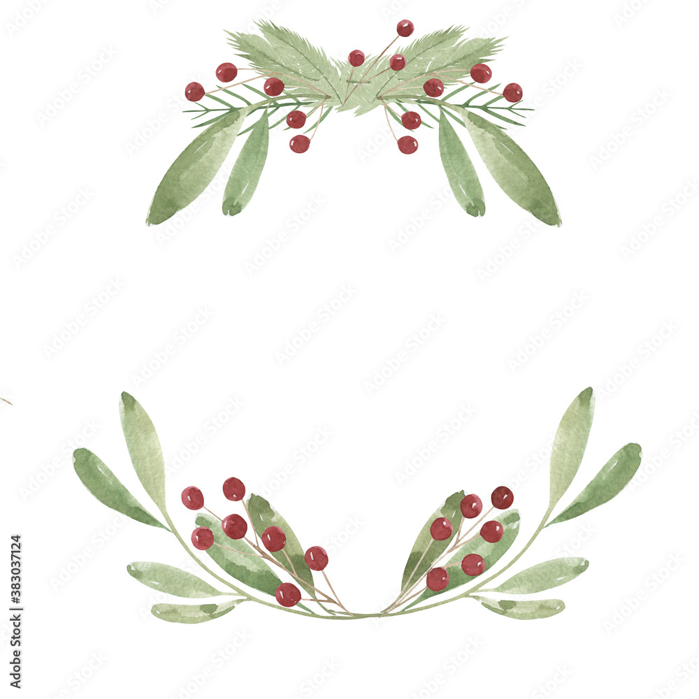 Fototapeta premium Christmas watercolor wreath isolated on white background. Framing, celebrate, new year, postcard, scrapbooking.