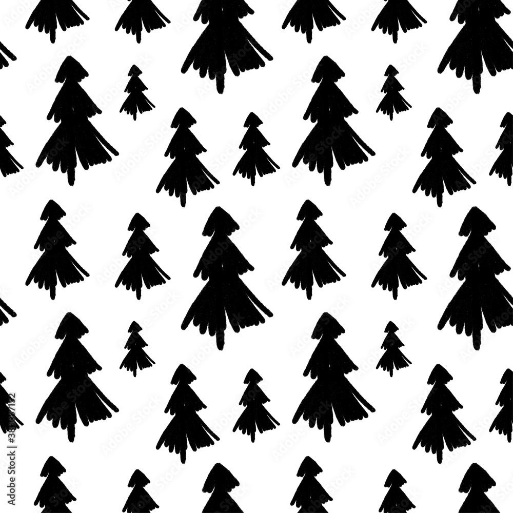 Obraz premium Seamless black and white pattern with pictures of Christmas trees. Festive background. Winter, forest, new year, nature. For wallpaper, packaging, fabric, covers.