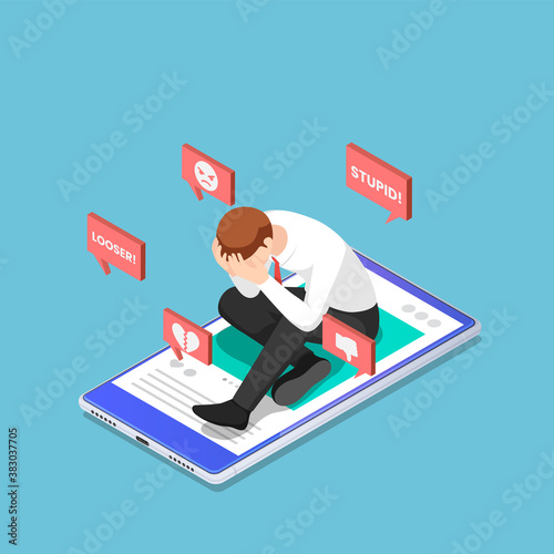 Isometric Depressed Businessman Sitting on The Smartphone with Hate Speech from Social Media