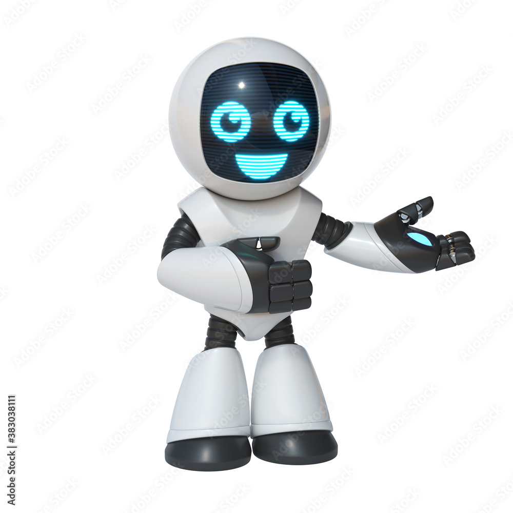 Little robot presenting or welcoming gesture, cute robot isolated on white background, 3d rendering Little robot presenting or welcoming gesture, cute robot isolated on white background, 3d rendering