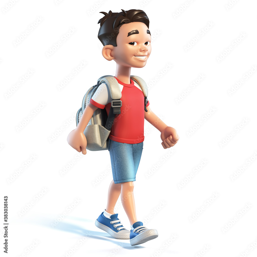 Asian boy with school bag walking, stylized cartoon character,  school kid 3d rendering