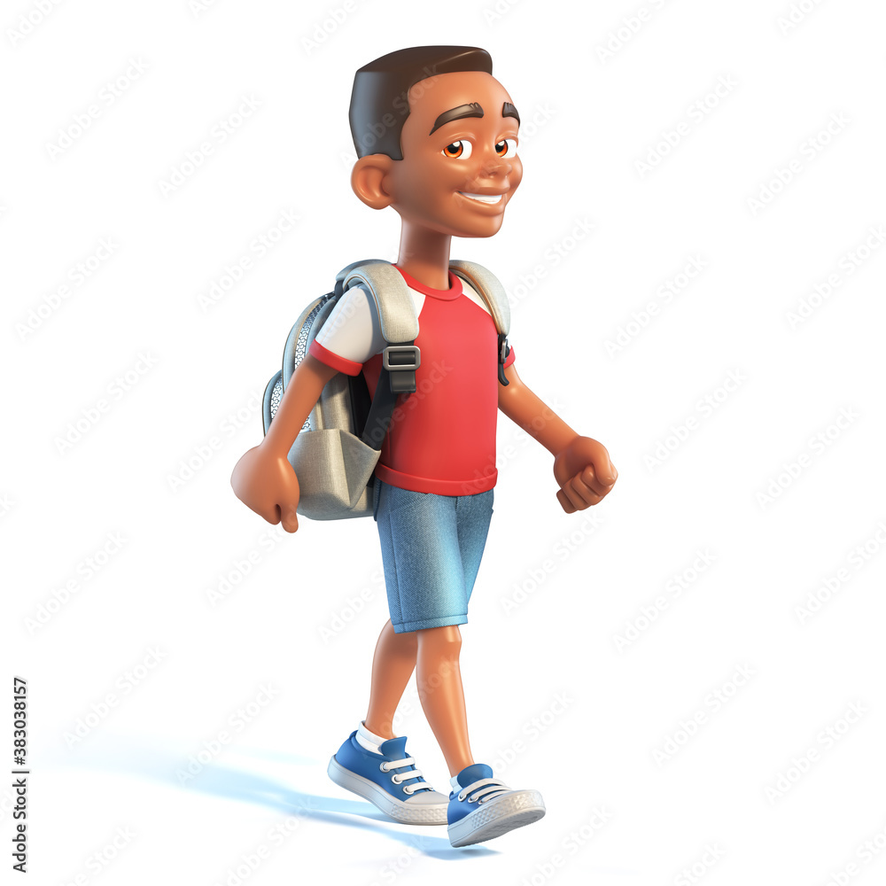 Afro American boy with school bag walking, stylized cartoon character,  school kid 3d rendering