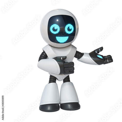 Little robot presenting or welcoming gesture, cute robot isolated on white background, 3d rendering