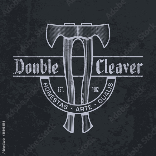 Monochrome two ax logo on dark wall background. Double cleaver text. Axe with a wooden handle emblem design. Carpentry tool insignia