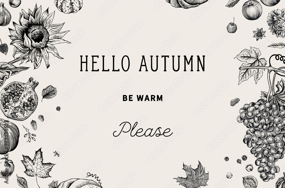 Happy Autumn. Harvest. Autumn horizontal card. Vector vintage illustration. Black and white