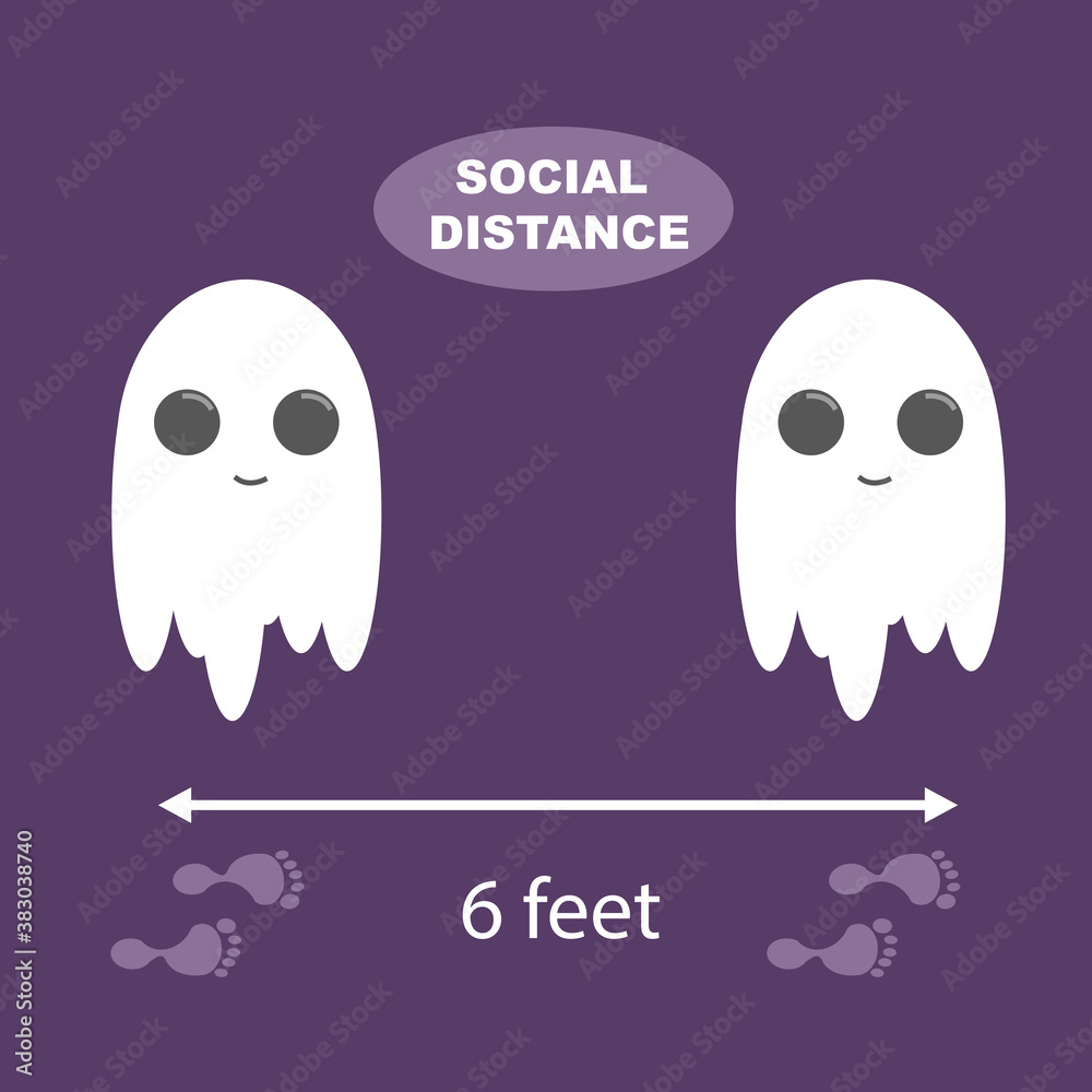 Concept of happy halloween and new normal in coronavirus pandemic. Vector illustration of cute ghosts and social distancing. Concept of happy halloween and new normal in coronavirus pandemic. Vector illustration of cute ghosts and social distancing.