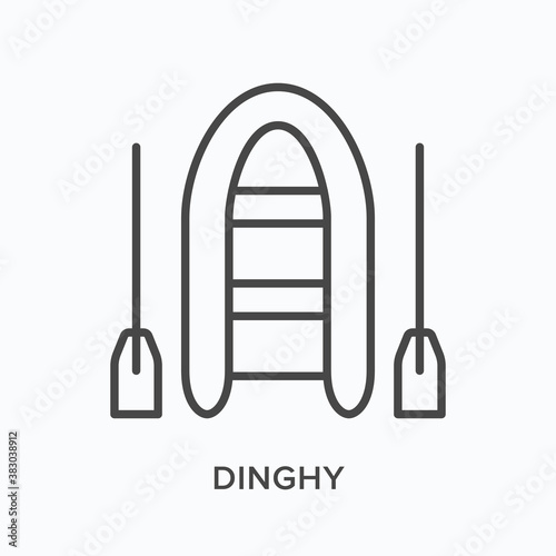 Inflatable boat flat line icon. Vector outline illustration of fishing dingy, water transportation with paddle thin linear pictogram