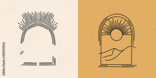 Hand drawn vector abstract stock flat graphic illustration with logo elements set,arch frame in line art style and silhouette,magic art in simple style for branding,isolated on color background