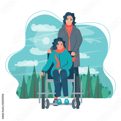 Volunteer walking in park with disabled person in wheelchair with dog. Help disabled people, social worker care about invalid. International Volunteer Day. Flat vector illustration.