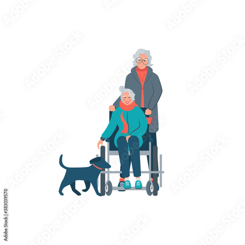 Volunteer walking in park with disabled person in wheelchair with dog. Help disabled people, social worker care about invalid. International Volunteer Day. Flat vector illustration.