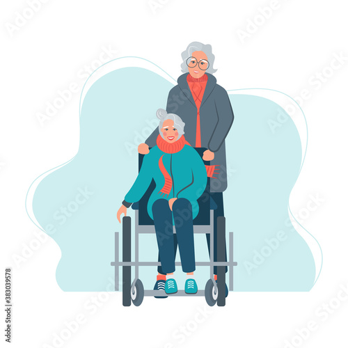 Volunteer walking in park with disabled person in wheelchair with dog. Help disabled people, social worker care about invalid. International Volunteer Day. Flat vector illustration.