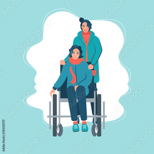 Volunteer walking in park with disabled person in wheelchair with dog. Help disabled people, social worker care about invalid. International Volunteer Day. Flat vector illustration.