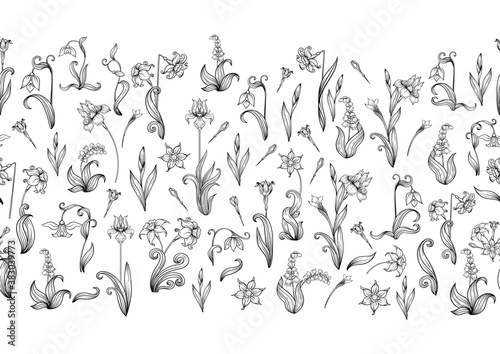 Seamless pattern, background with spring flowers in vintage, retro, art nouveau style. Vector illustration. Isolated on black background.