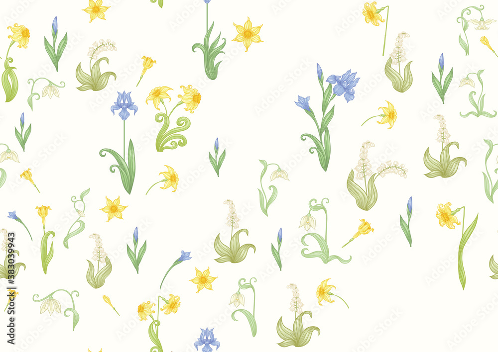 Seamless pattern, background with spring flowers in vintage, retro, art nouveau style. Vector illustration. Isolated on black background.