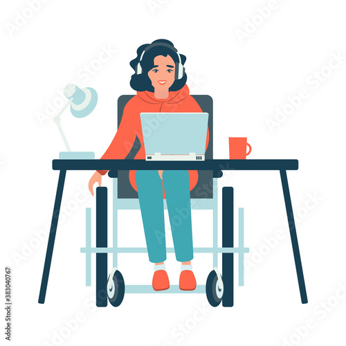 Disabled Person in Wheelchair Working on Computer Desk in Home Office. Handicapped Business Character at Workplace. Disability Concept. Flat Cartoon Vector Illustration.