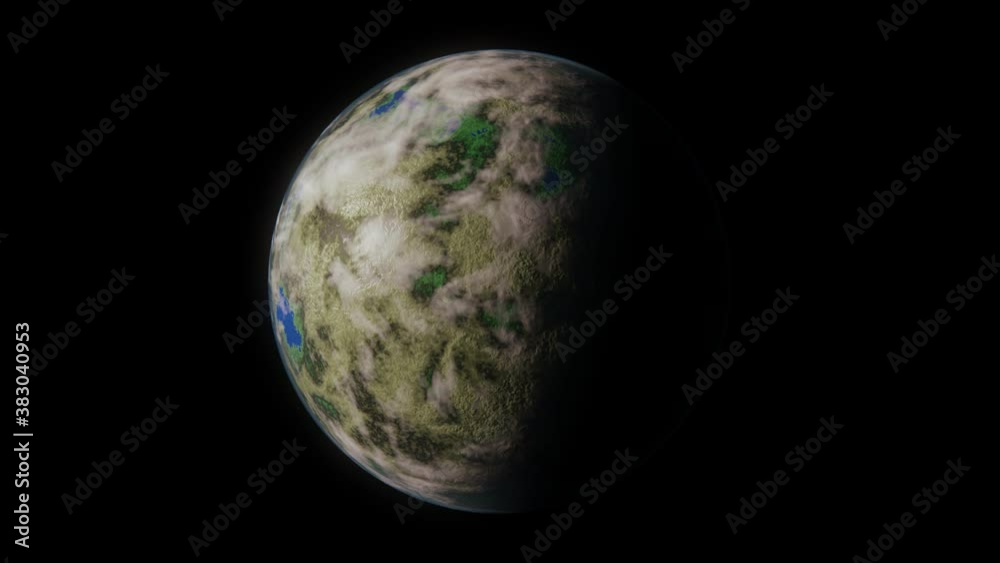 Animated spinning exoplanet with large lakes and huge lands with some marsh territories and thicker clouds. More green foliage near water bodies. Hal planet day and other half dark. Animated spinning exoplanet with large lakes and huge lands with some marsh territories and thicker clouds. More green foliage near water bodies. Hal planet day and other half dark.