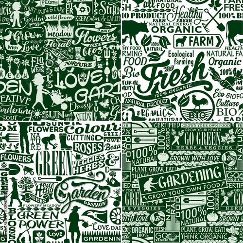 Garden plants tools and gardeners wallpaper four different gardening vector seamless pattern