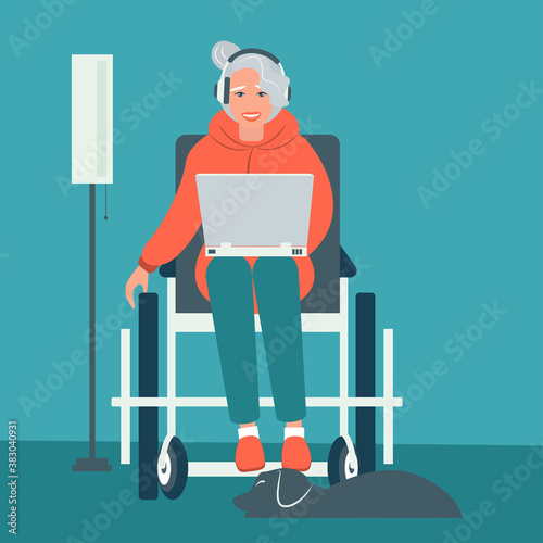 Disabled Person in Wheelchair Working on Computer Desk in Home Office. Handicapped Business Character at Workplace. Disability Concept. Flat Cartoon Vector Illustration.
