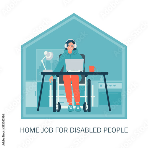 Disabled Person in Wheelchair Working on Computer Desk in Home Office. Handicapped Business Character at Workplace. Disability Concept. Flat Cartoon Vector Illustration.