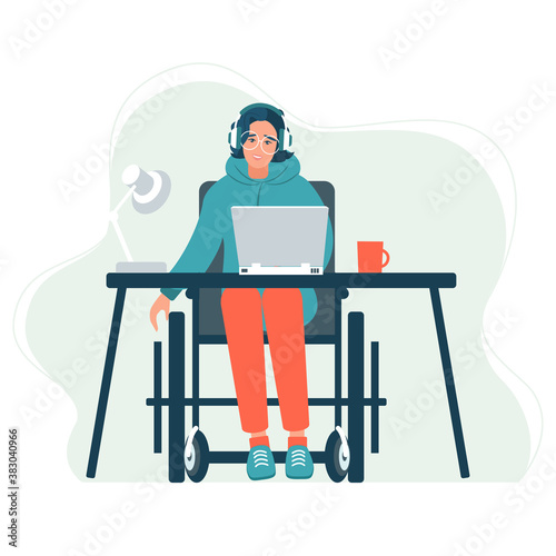 Disabled Person in Wheelchair Working on Computer Desk in Home Office. Handicapped Business Character at Workplace. Disability Concept. Flat Cartoon Vector Illustration.