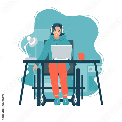 Disabled Person in Wheelchair Working on Computer Desk in Home Office. Handicapped Business Character at Workplace. Disability Concept. Flat Cartoon Vector Illustration.