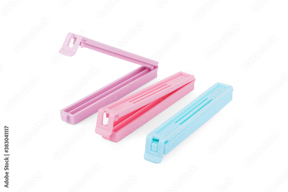 Plastic bag clips on a white background Plastic bag clips on a white background