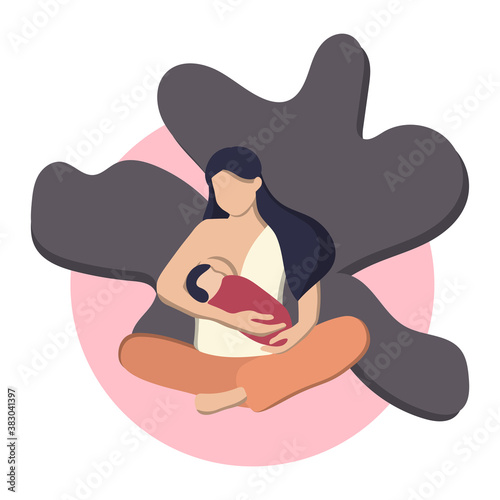 Flat vector illustration of a woman with a baby nursing. World breastfeeding week , feeding of babies with milk from a females breast. Happy mothers day.