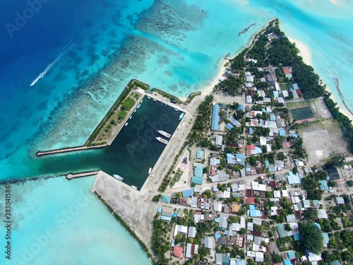 Maldive Mathiveri tropical island aerial top view
