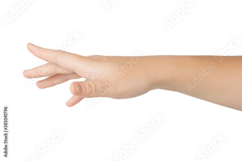 Beautiful female hand isolated on white background. Gestures, symbols, signs with hands.