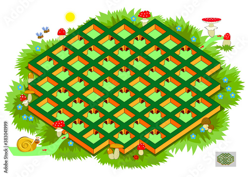 Logic puzzle game with labyrinth for children and adults. Help the snail find the way from start to finish. Worksheet for kids brain teaser book. IQ test. Online playing.