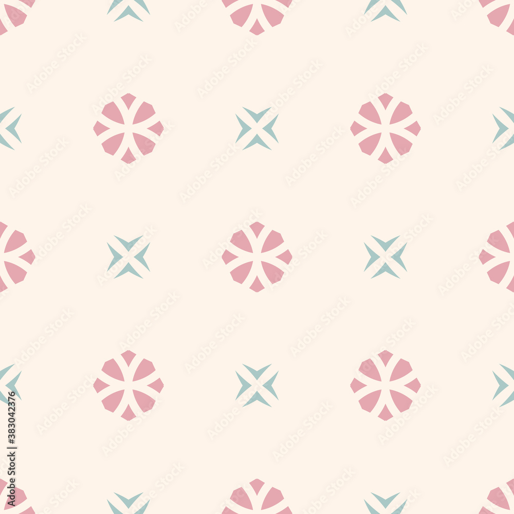 Vector geometric floral ornament. Simple minimalist seamless pattern. Ornamental texture with small flower shapes. Pink, teal and beige abstract background. Subtle repeat design for decor, wallpapers Vector geometric floral ornament. Simple minimalist seamless pattern. Ornamental texture with small flower shapes. Pink, teal and beige abstract background. Subtle repeat design for decor, wallpapers