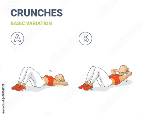 Платно Crunch Female Workout Exercise Guide Colorful Concept Illustration
