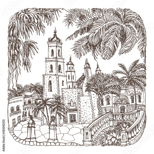 Vector hand drawn trace of fantasy urban Mexican landscape with palms, medieval town street houses, church. Brown doodle sketch on a white. Tee shirt print, brochure cover, adults coloring book page