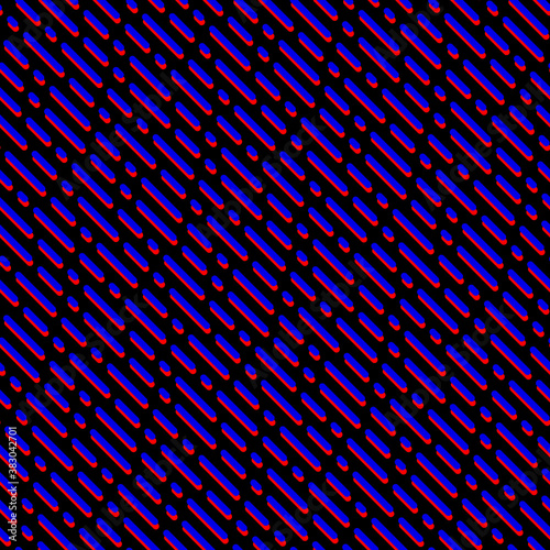 Funky vector seamless pattern with diagonal dash lines, stripes. Abstract geometric texture in 1990's style fashion. Simple graphic background in bright neon colors, red, blue. Modern repeat design