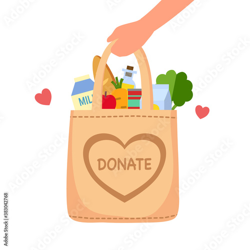 Sharing food to people. Food donation concept. Man hand holding bag full of food in flat design vector illustration on white background. Time for charity.	
