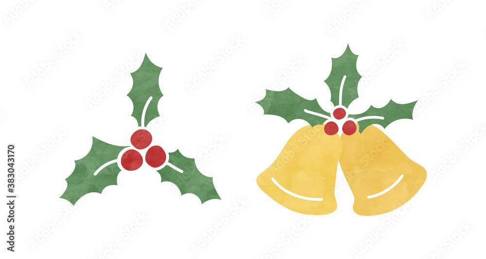 Vettoriale Stock クリスマスの柊とベルの手描きイラストのセット 葉 装飾 オーナメント 飾り 素材 かわいい Adobe Stock