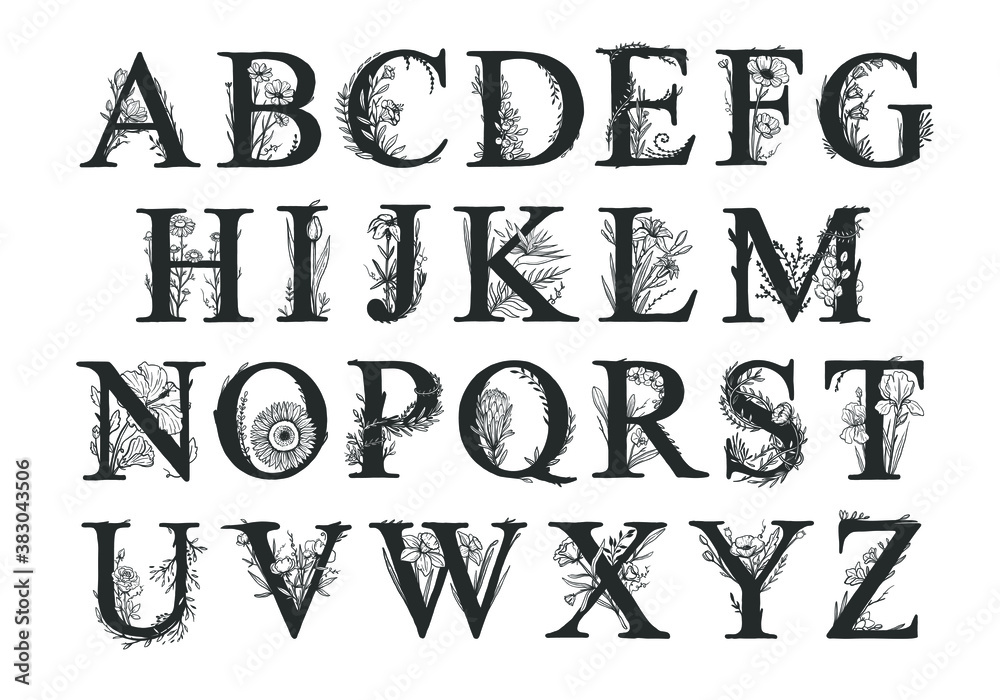 Vector decorative alphabet with floral elements. Capital letters