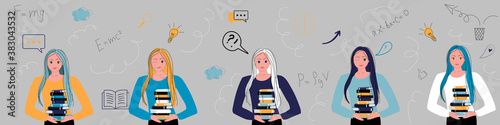 Group of students flat vector illustration. Young girls holding books characters on grey background. Happy teenager in casual clothes. Youth lifestyle in blue, white and yellow colors. 