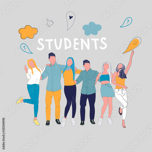 Group of happy students on color background. People with doodles of student life.