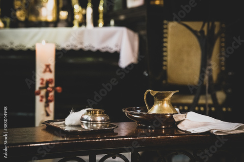 Set for holy baptism in the church, 
preparation for baptism