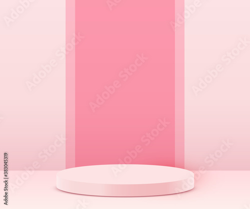 Abstract scene background. Cylinder podium on pink background with leaves. Product presentation, mock up, show cosmetic product, Podium, stage pedestal or platform.