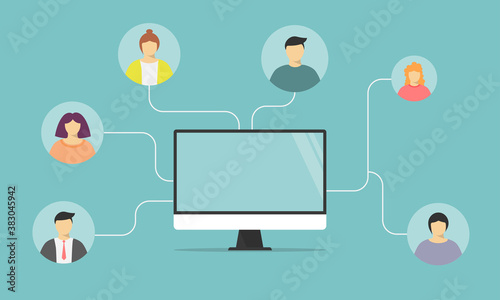people connecting and working online together on laptop computer, remote working, work from home and work from anywhere concept, flat vector illustration